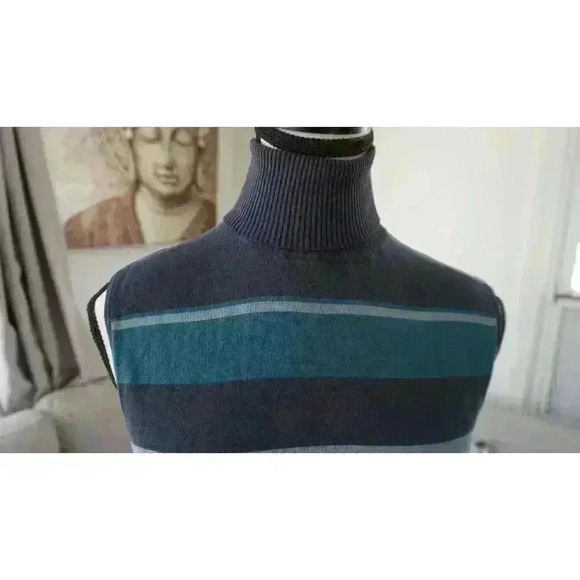 Rafaella Sleeveless Turtleneck Sweater - Striped Pattern in Blue & Gray, Size M - Picture 2 of 13